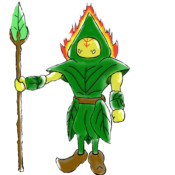 ilustración de una de las criaturas del juego. Un guerrero planta con una lanza de hoja puntiaguda con fuefo en la espalda